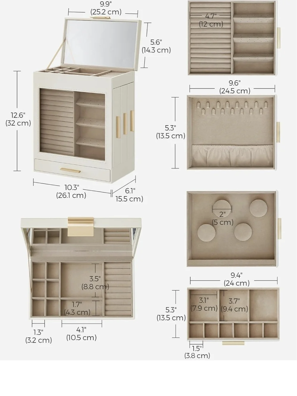 SONGMICS 5-Layer Jewelry Box with Deluxe White Jewelry Organizer Box with Mirror